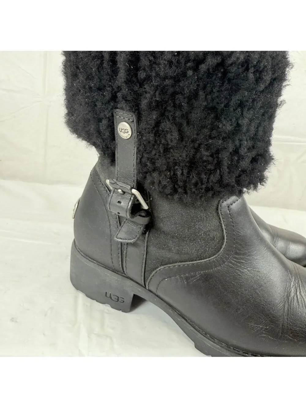 UGG Black Bellevue 1914 Leather Shearling Zip Fold Over Moto Boots Sz 6